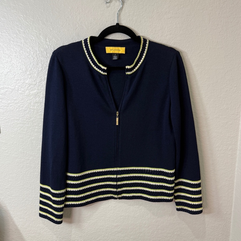St John Zip Front Knit Cardigan Navy Blue Striped Size P Preppy Coastal Nautical